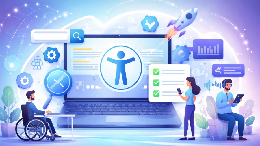 Ilustração sobre acessibilidade digital integrando SEO, UX e inclusão em interface de site com diferentes usuários