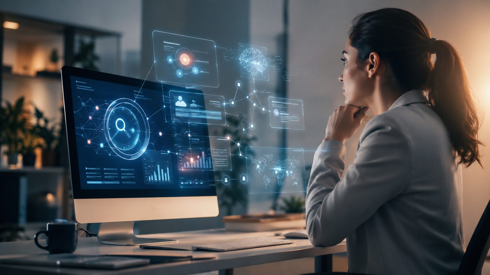 SEO com IA em 2026 com profissional analisando dados de busca, inteligência artificial e otimização de conteúdo em tela digital.