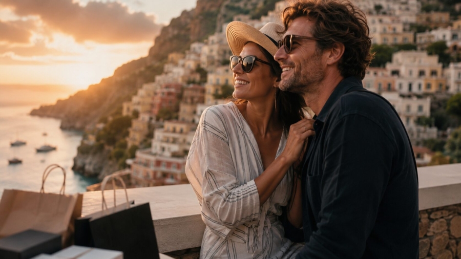 Casal aproveitando uma viagem em destino litorâneo, representando a preferência por experiências e turismo em vez de bens materiais em 2026.