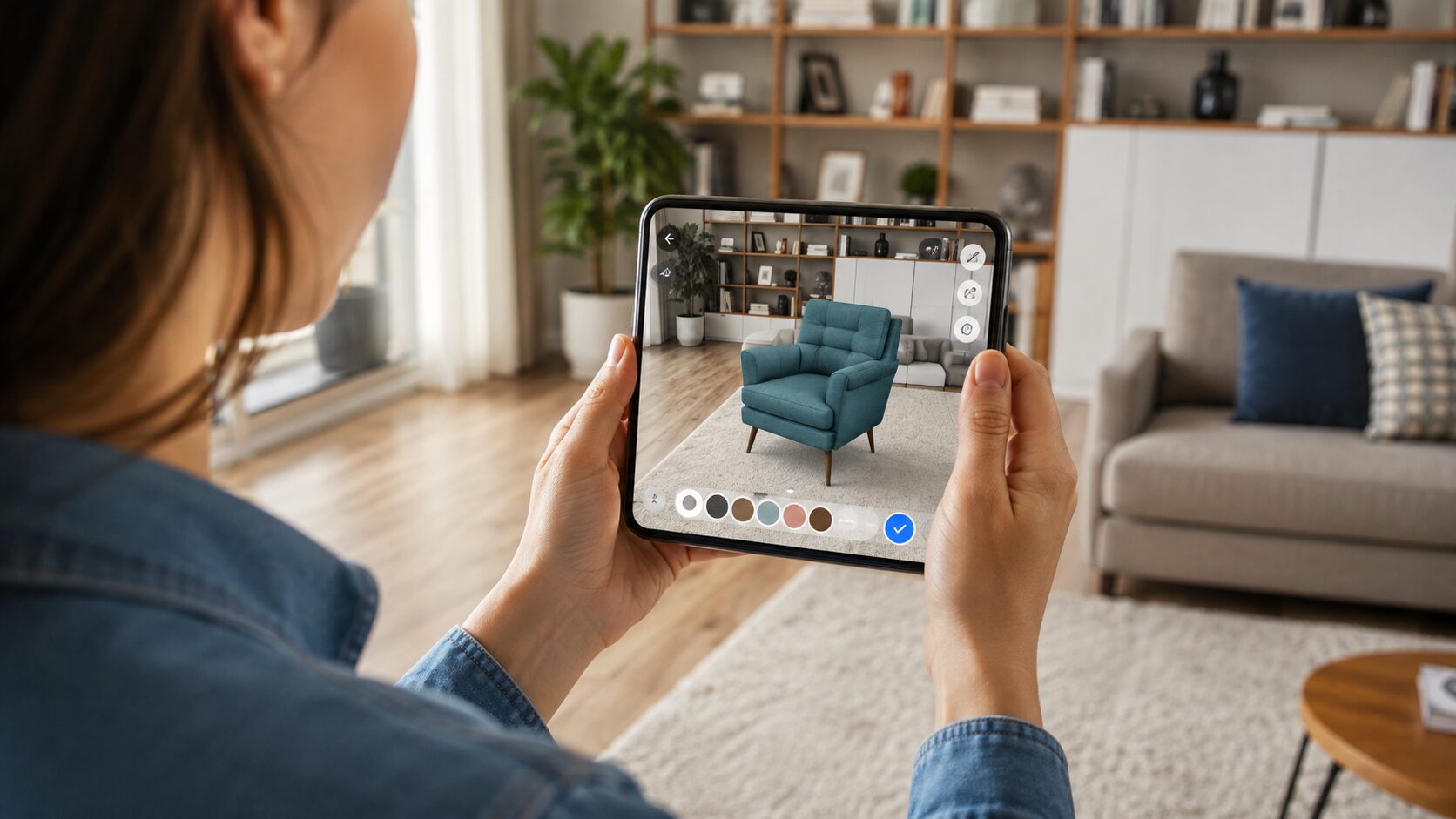 Consumidor usando realidade aumentada para visualizar um produto durante uma compra online