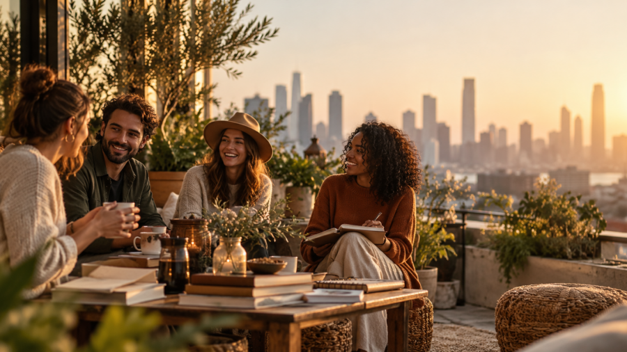 Grupo de amigos conversando em um encontro presencial ao pôr do sol, valorizando experiências offline e conexões humanas.