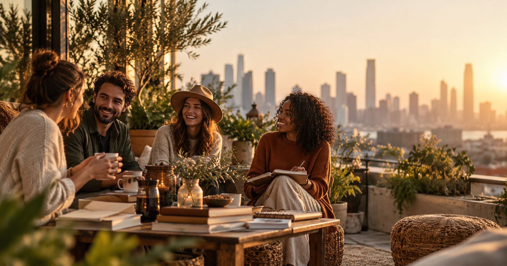 Grupo de amigos conversando em um encontro presencial ao pôr do sol, valorizando experiências offline e conexões humanas.